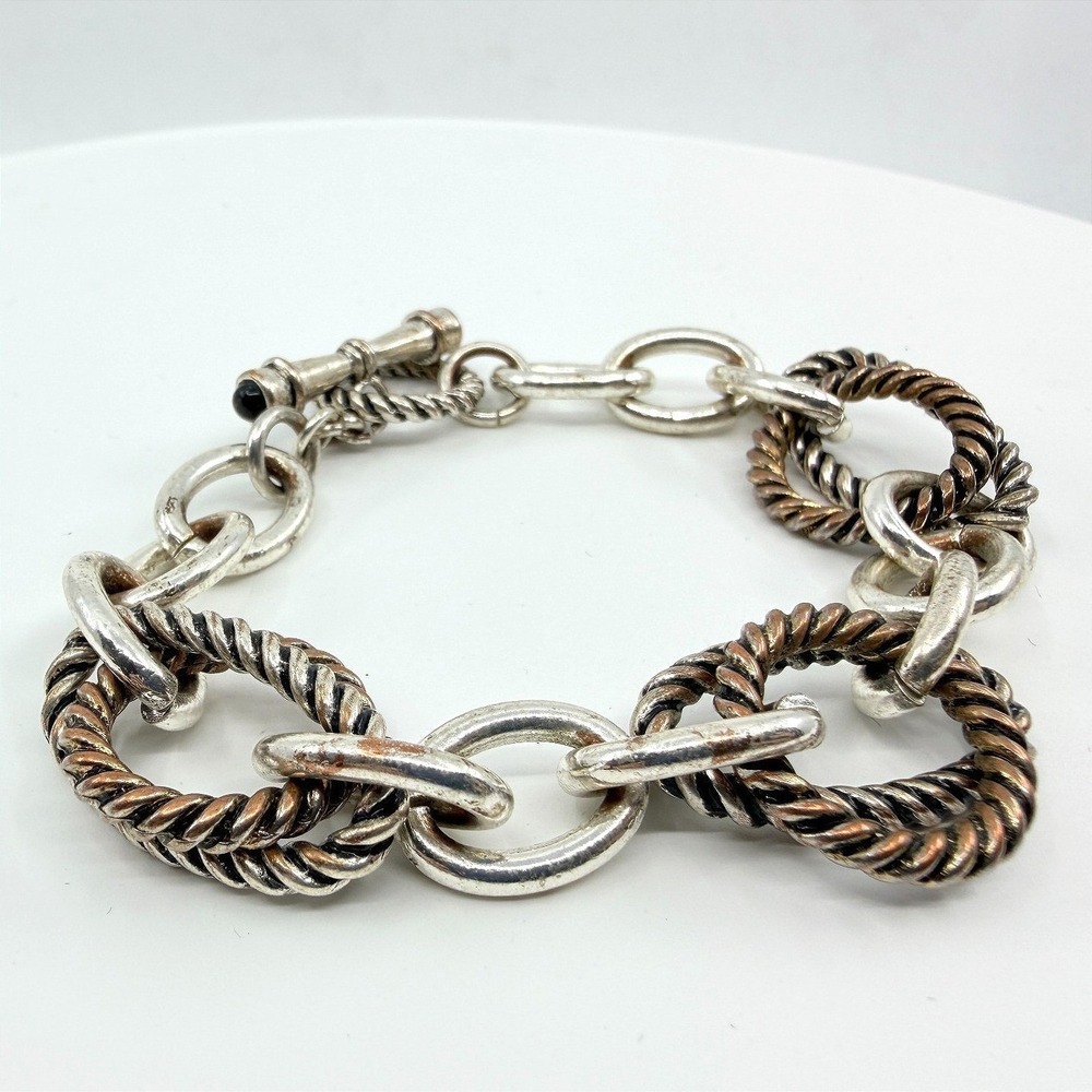 VTG Two Tone Rope Chain Link Bracelet Silver Bronze Tone Toggle Clasp Y2K Boho‎